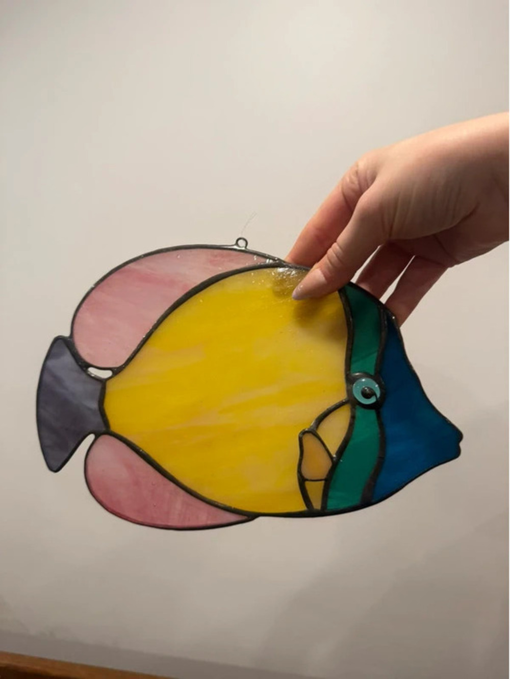 Vintage Stained Glass Tropical Fish Suncatcher Yellow Pink Blue 9”